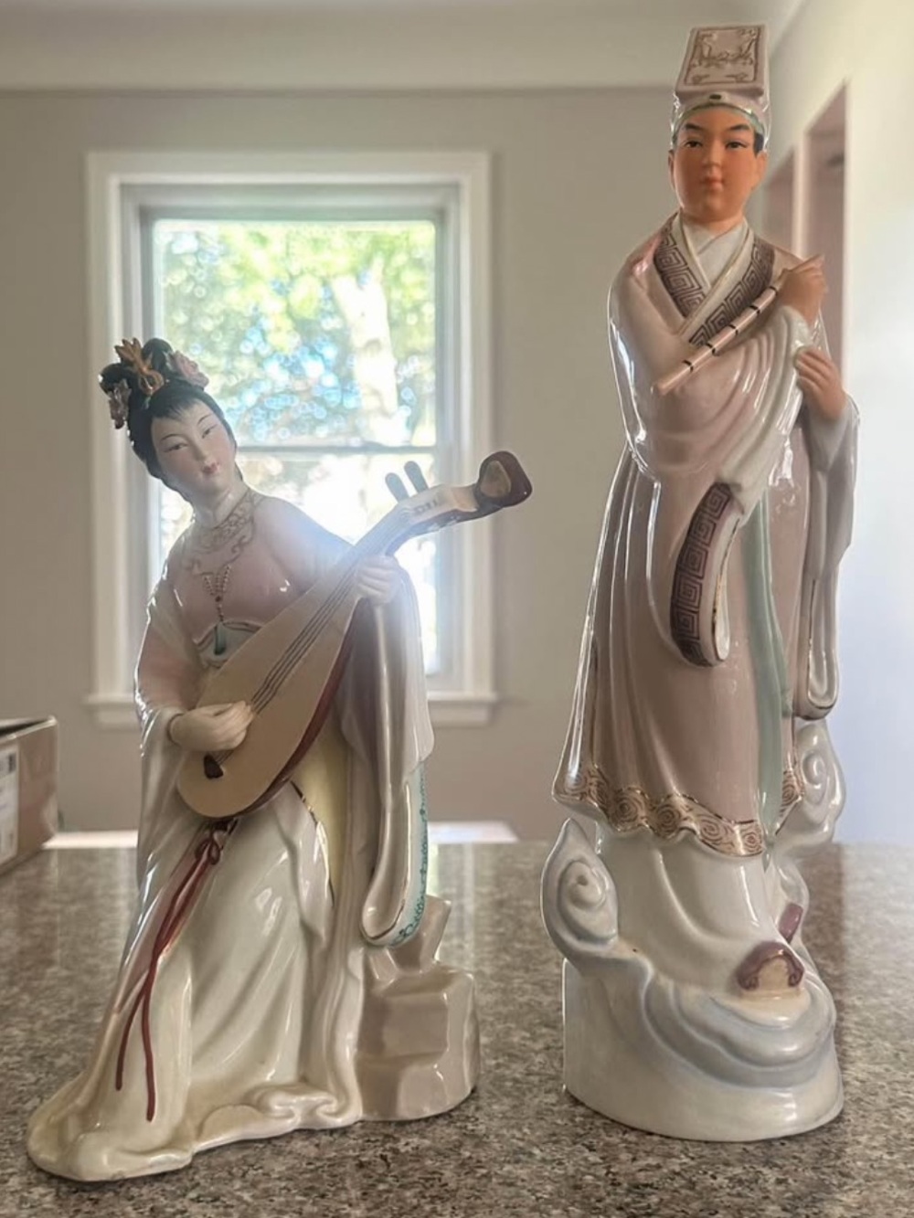 Porcelain Asian Figurine Pair in Soft Pink and White - Decorative Home Art